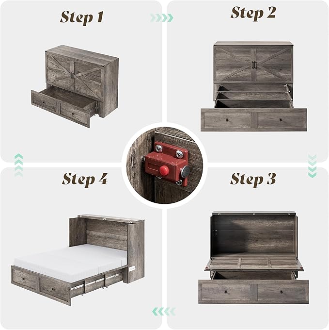 LUXOAK Full Murphy Bed with 6" White Tri-Fold Memory Foam Mattress, Storage Drawer & Charging Station, Space-Saving Design for Home Office or Guest Room, Rustic Grey