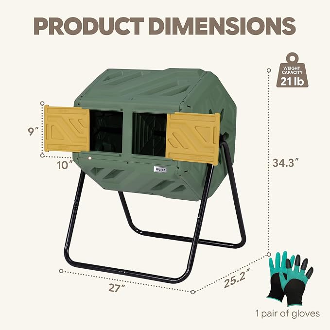 Werph Updated 43 Gallon Dual-Chamber Compost Bin, Fast Assembly Outdoor Compost Tumbler, Rotating Batch Composter Bin with Gloves for Garden, Kitchen, and Yard - Image 3