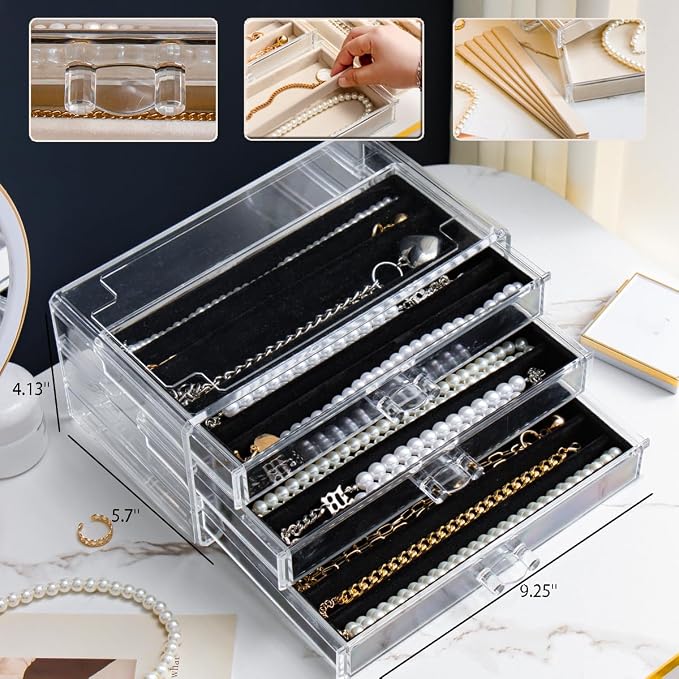 YUFONG Necklace Holder Organizer, Dustproof Necklace Box Velvet Necklace Organizer Box with Lid Clear Acrylic Dustproof Stackable Jewelry Displays for Necklaces Chain Display (Black, 3 Drawer) - Image 6