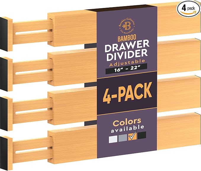 4-Pack Bamboo Drawer Dividers - 2.6 in High, Adjustable 16 to 22 in Expandable Drawer Organizers and Dresser Separators for Clothes, Bedroom, Bathroom, Kitchen, and Office Organization and Storage by Bamb%C3%BCsi