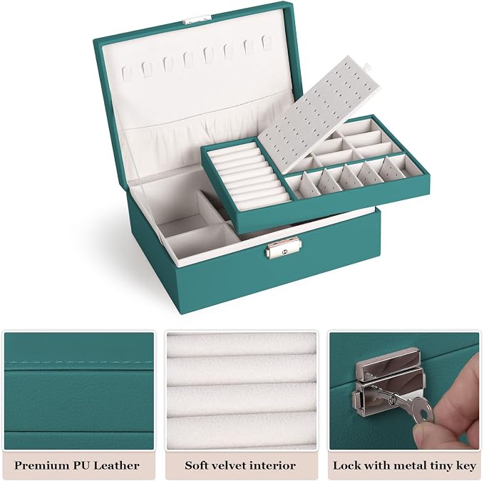 Jewelry Box for Women Girls, 2 Layers Jewelry Organizer Container with Lock, PU Leather Storage Case with Removable Tray, Jewelry Display Box for Necklaces Earrings Bracelets Rings Watches (Green) - Image 4