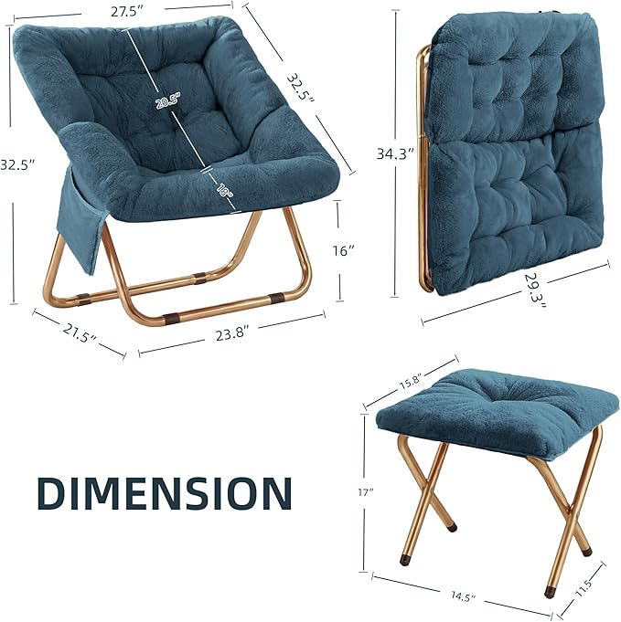 Kasunpul Comfy Saucer Chair, Foldable Living Room Chairs, Soft Faux Fur Lounge Chair for Bedroom, Reading Chairs for Adults, Teens, X-Large (Blue Grey)