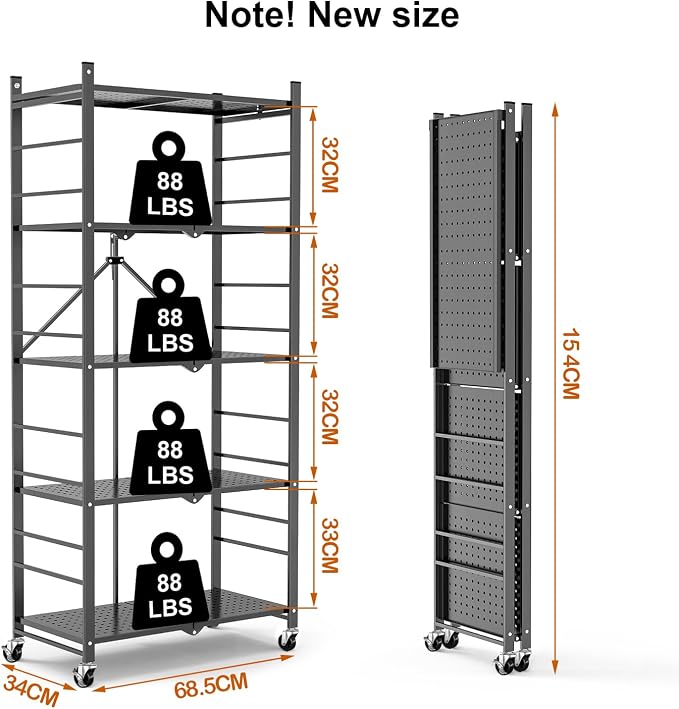 Himix Storage Shelves with 20 Hooks, 5-Tier Foldable Shelves for Storage, Folding Shelf Unit Pantry Shelves Bookshelf with Wheels, Vendor Display Racks for Craft Shows, Home, Grey - No Assembly - Image 2
