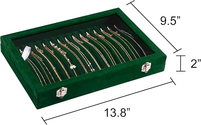 Frebeauty 15 Hooks Necklace Tray Velvet Neckalce Organizer with Clear Lid Lockable Necklace Holder Box Jewelry Organizer for Pendants Chains Necklace Jeweley Tray for Women Girl (Blackish Green) - Image 2