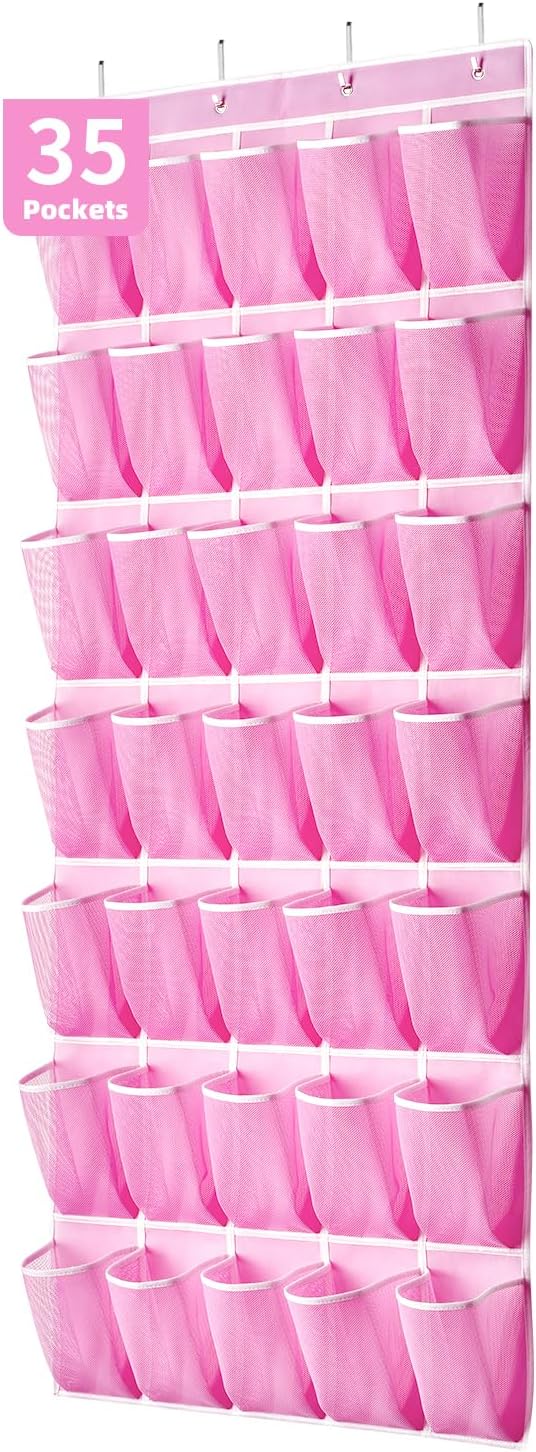 SAVERHO 35 Pockets Over the Door Shoe Organizer, Hanging Shoe Organizer for Door with 35 Mesh Pockets Large Capacity Shoe Hanging Storage Bag with 4 Metal Hooks (Pink-1Pack) by SAVERHO