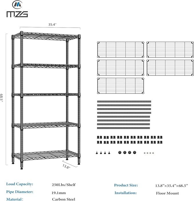 M MZG 1250 lbs 5 Tier Shelf Metal Storage Shelves Shelving Wire Rack Heavy Duty Closet Organizers for Garage Kitchen Bathroom Laundry Black 13.8" D x 35.4" W x 68.5" H - Image 3