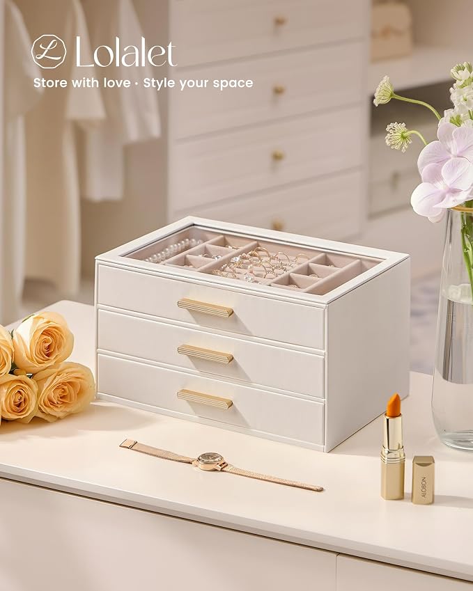 Lolalet Jewelry Box Organizer, 3-Layer Jewelry Organizers and Storage Case with Glass Lid, Ring Earring Bracelet Necklace Holder Organizer, Mothers Day Gifts for Mom, Women Girls -3Layer, Beige - Image 6