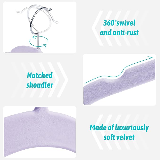 Sishynio Velvet Hangers 50 Pack – Slim Non-Slip Flocked Hangers with 360° Swivel Hook, Space-Saving Closet Organizer for Dresses, Coats, Blouses(Purple) - Image 2
