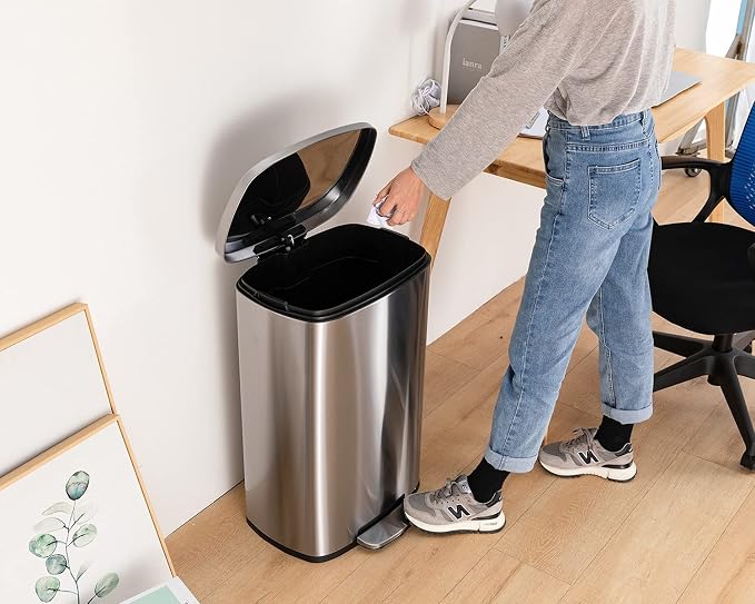 13 Gallon/50 L Garbage Can Kitchen Trash Can with Lid for Office Bedroom Bathroom Step Trash Bin Fingerprint-Proof Brushed Stainless Steel 13 Gallon / 50 Liter - Image 6