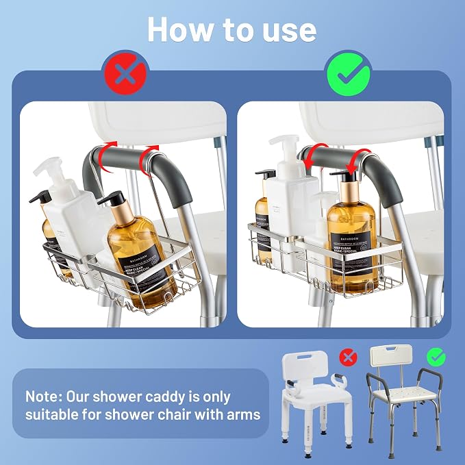 YUOROS Shower Caddy Hanging, 304 Stainless Steel Shower Organizer Rack for Shower Chair Bench for Elderly Seniors Disabled Handicap - Image 4