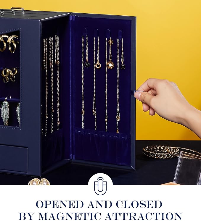 Homde Jewelry Organizer with Transparent Window Necklace Hooks Gift for Women Jewelry Box Display Case for Necklaces Rings Earrings Bracelets and Other Accessories (Dark Blue) - Image 4