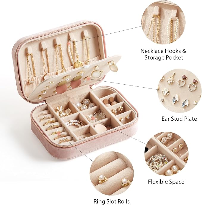 CASEGRACE Plush Velvet Travel Jewelry Box, Portable Jewelry Case for Women Girls, Double Layer Jewelry Organizer Display Box for Necklace Earring Rings Bracelet, Travel Accessory Gifts, Pink - Image 3