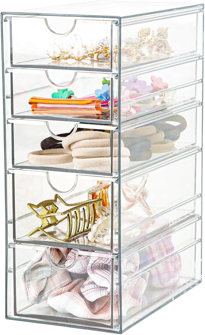 Plastic Drawer Storage with 5 Different Sizes Drawers, Clear Light Gray Hair Accessories Organizer, Transparent Dresser Bathroom Organizer - Image 6