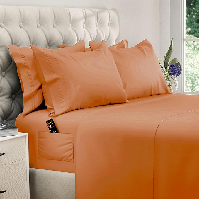 DREAMCARE Queen Sheet Set - 6 pcs Breathable Cooling Bed Sheets - up to 15" Deep Pocket Queen Sheets Set with Side Pockets - Extra Soft 100% Brushed Hypoallergenic Hotel Luxury Bedding - Terracota