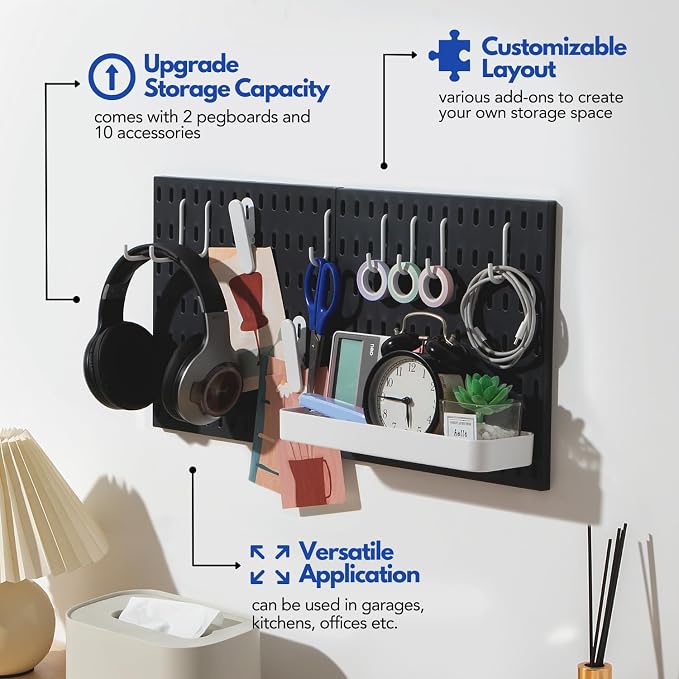 Keepo Peg Board Wall Organizer – Plastic Pegboard Panels, Modular Peg Board Storage System for Home Office, Craft Room, Gaming Setup (Black, 22″×11″) - Image 2
