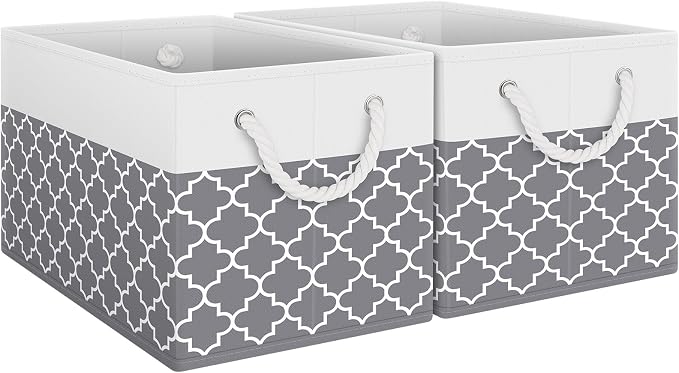 Fab totes Storage Bins [2-Pack], Foldable Storage Baskets for Organizing Toys, Books, Shelves, Closet, Large Storage Box with Rope Handles, Sturdy Organizer Bins,Clover Grey by Fabtotes