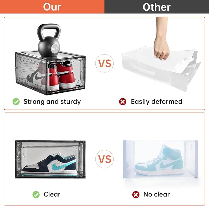 INSTY 12 Pack Gray Transparent Shoe Storage Organizer, Stackable Shoe Boxes for Closet, Drop Front Plastic Shoe Box with Grey Door, Easy to Assemble, Fit up US Size 12(13.4”x 9.8”x 7.1”) - Image 4