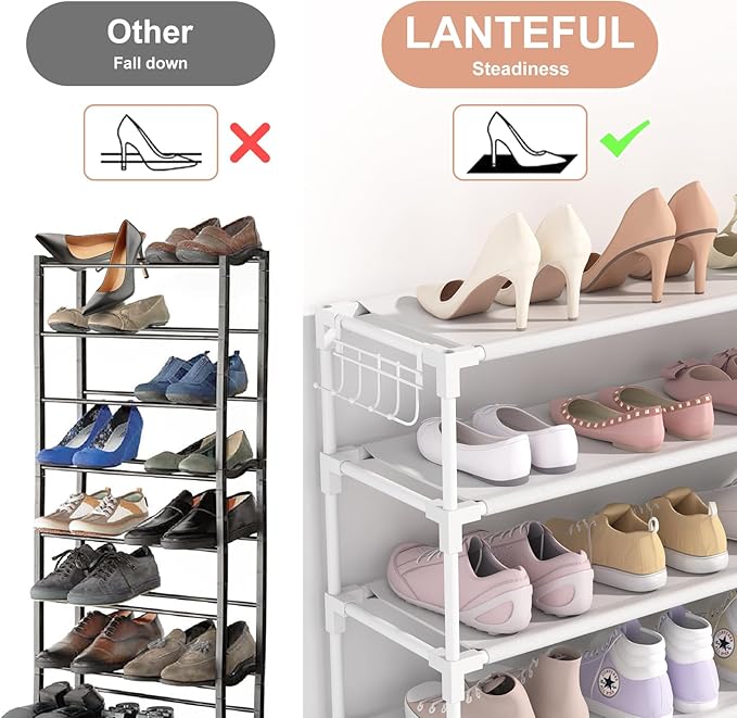 LANTEFUL 10 Tiers Shoe Rack 50 Pairs Large Capacity Tall Shoe Organizer Sturdy Shoe Storage with Two Hooks Space Saving Metal Wide Shoe Rack for Closet, Entryway, Bedroom, White - Image 6