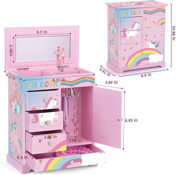 Large Jewelry Box for Girls 5-Layer Music Box with Spinning Ballerina Unicorn Necklace & Bracelet Set Kids Jewelry Organizer Birthday Christmas Gift for 5-8 Year Old Girls(Pink&Blue) - Image 3