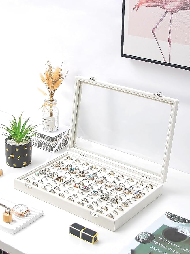 Ring Holder Organizer Box, Jewelry Display Case, Earring Necklace Storage Tray With Top Glass Lid (Beige, 100 Slots) - Image 2