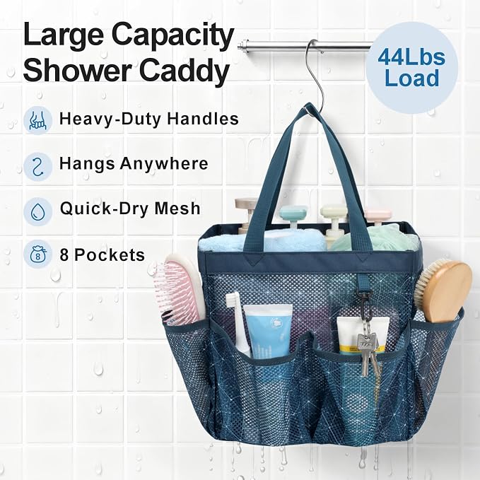 F-color Mesh Shower Caddy Portable, Upgrade Deeper 7 Pockets Shower Bag Basket Tote for College Dorm Room Toiletry Bathroom Essentials Gym Camp Quick Dry 2 handles with S Hook, Starlight Navy - Image 3