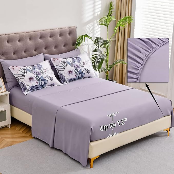 Luxudecor Floral Comforter Set Full Size 7 Piece, Purple Flower Bed in a Bag, Elegant Floral Comforter with Sheet Set, Soft Microfiber Bedding Set for All Season (Purple, 80"x90")