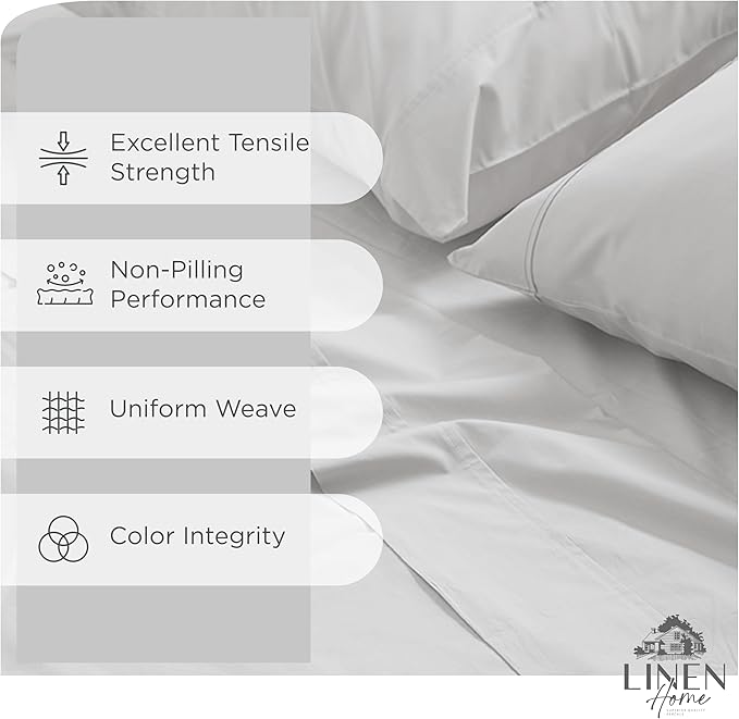 Linen Home 100% Cotton Percale King Size Sheets - Crisp & Cool, Breathable, Deep Pocket Fits 16" Mattress, 4-Piece Set, Long-Staple Combed Cotton, Hotel Bedding, Softer After Each Wash - Silver