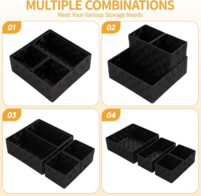 Posprica Small Black Baskets Cube Bin Container Tote,Woven Storage Baskets for Organizing Organizer Divider for Drawer, Closet, Shelf, Dresser, Set of 4 - Image 4