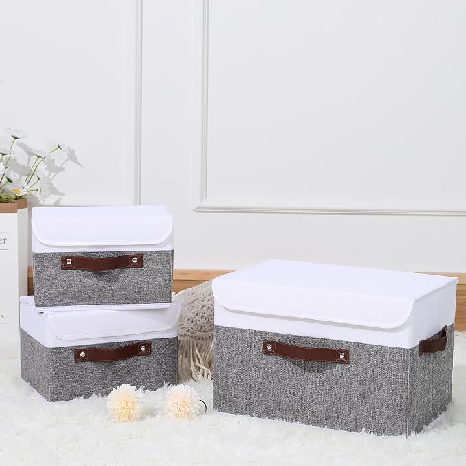 ANMINY Storage Boxes with Lids Washable Decorative Storage Bins Basket with PU Leather Handle Foldable Linen Fabric Storage Cubes Containers for Home Closet Organizer - Gray White, Small Size - Image 7