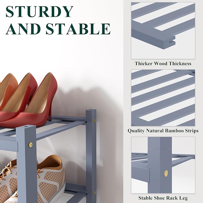 Smiry Bamboo Shoe Rack for Closet, 2 Tier Small Wooden Stackable Shoe Organizer, Free Standing Shoes Storage Shelf for Entryway, Front Door Entrance, Grey - Image 3