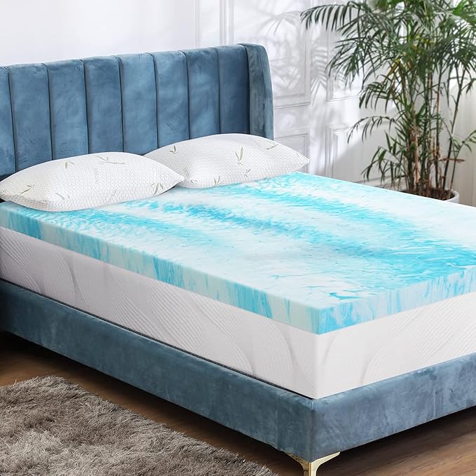 Mattress Topper for Full Bed, Gel Swirl Memory Foam Soft Bed Topper for Back Pain, 2 inch, Light Blue