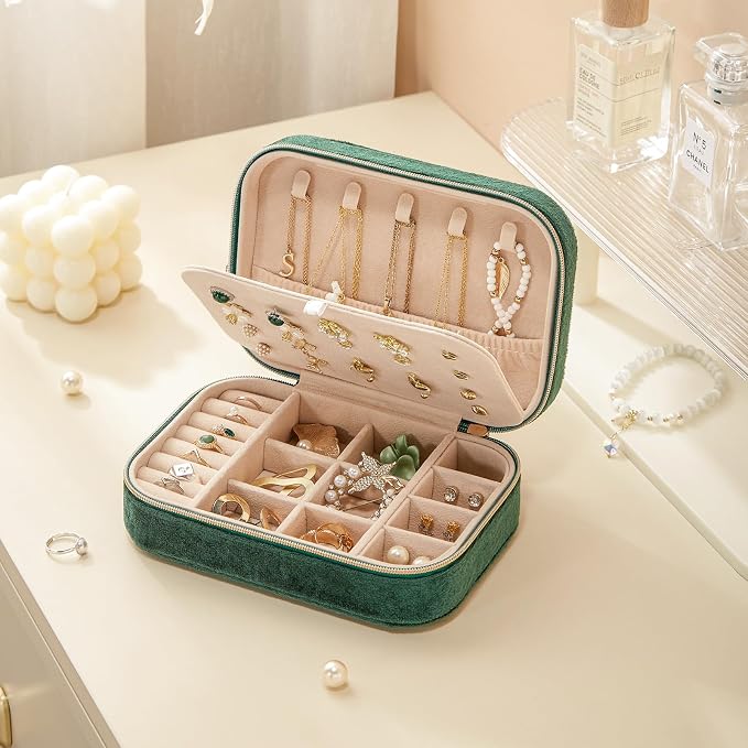 CASEGRACE Plush Velvet Travel Jewelry Box, Portable Jewelry Case for Women Girls, Double Layer Jewelry Organizer Display Box for Necklace Earring Rings Bracelet, Travel Accessory Gifts, green - Image 2