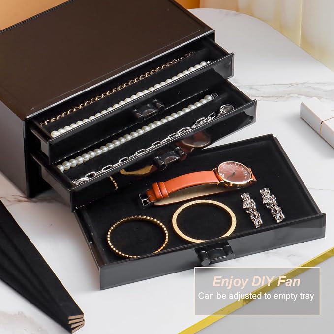 YUFONG Necklace Holder Organizer, Dustproof Necklace Box Velvet Necklace Organizer Box with Lid Clear Acrylic Dustproof Stackable Jewelry Displays for Necklaces Chain Display (Black Black, 5 Drawer) - Image 5