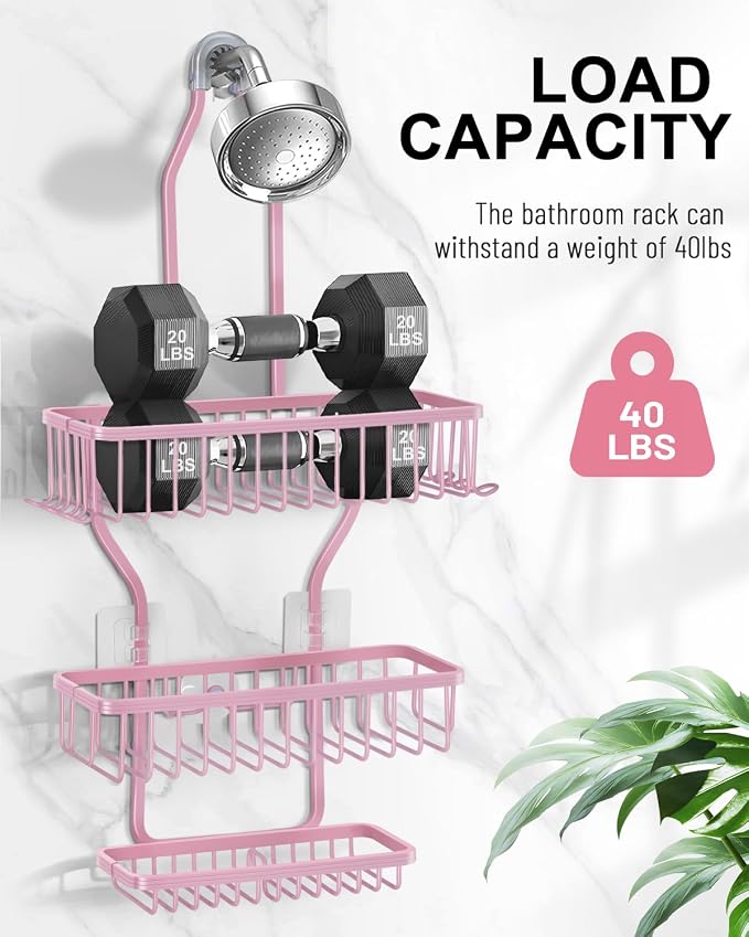 Pink Shower Caddy for Bathroom - Never Rust Hanging Shower Organizer with Soap Basket and Hooks - Large Capacity 3 Tier Aluminum Over The Showerhead Caddy - Image 6