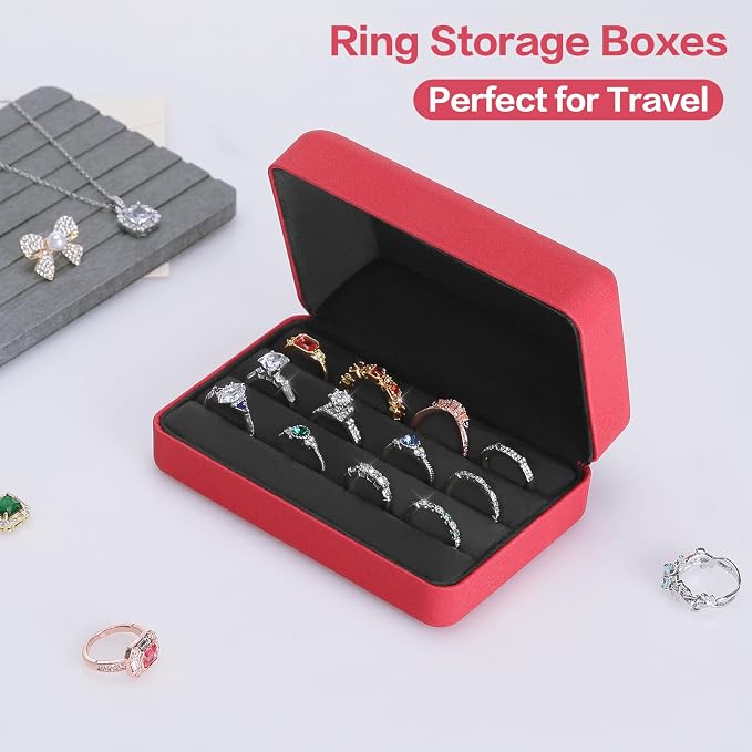 KUKUVR Velet Ring Storage Box for Multiple Rings, Travel Jewelry Ring Stud Earrings Holder Case, 3 Slot Portable Ring Display Organizer Case (Red) - Image 5