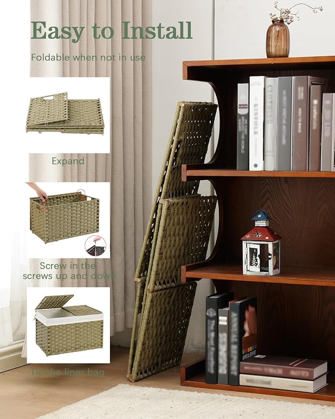 SETVSON Storage Basket with Lid Rattan Woven Storage Baskets with 2 Separate Lids, 17.2 Gallon (65 L), Wicker Storage Bins Foldable, 2 Removable Liner Bags Handles for Bedroom, Laundry Room Green - Image 4