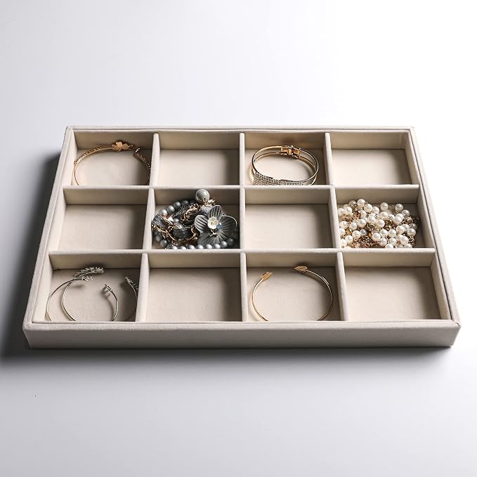 Frebeauty Stackable Velvet Jewelry Organizer Trays for Drawers Inserts Jewelry Storage Tray Display Case, Stud Earrings Bracelets Necklace Rings Accessories Trays for Women Girls(Set of 2 Beige) - Image 5