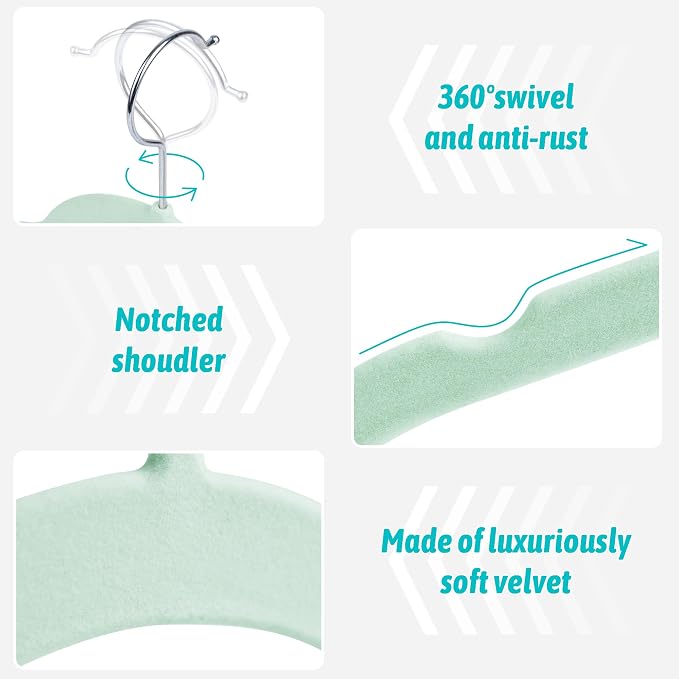 Sishynio Velvet Hangers 50 Pack – Slim Non-Slip Flocked Hangers with Notches, Space-Saving Closet Organizer for Dresses, Blouses, Coats(Green) - Image 2