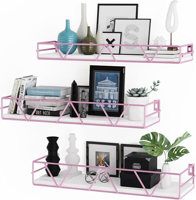 Amaoot Floating Shelves Set of 3, Home Wood Wall Shelf, Farmhouse Shelf for Bedroom, Wall Mounted Floating Shelf for Living Room, Bedroom, Bathroom, Kitchen, Office (Pink) by Amoot