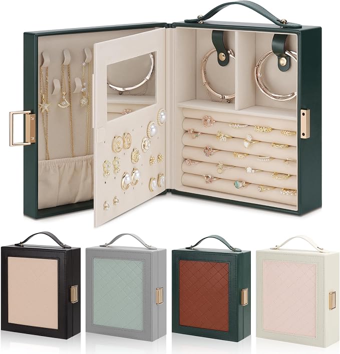 DesignSter Travel Jewelry Case for Woman, Portable Jewelry Travel Box with Mirror, PU Leather Small Jewelry Organizer with Handle for Rings Earrings Bracelets Necklaces(Dark Green & Brown) by DesignSter