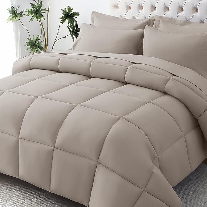 JOLLYVOGUE California King Comforter Set, Ultra-Soft Bed in a Bag Cal King Size 7 Pieces, Oeko-TEX Certified Bedding Set with Down Alternative Comforter, Sheets, Pillowcases & Shams, Khaki