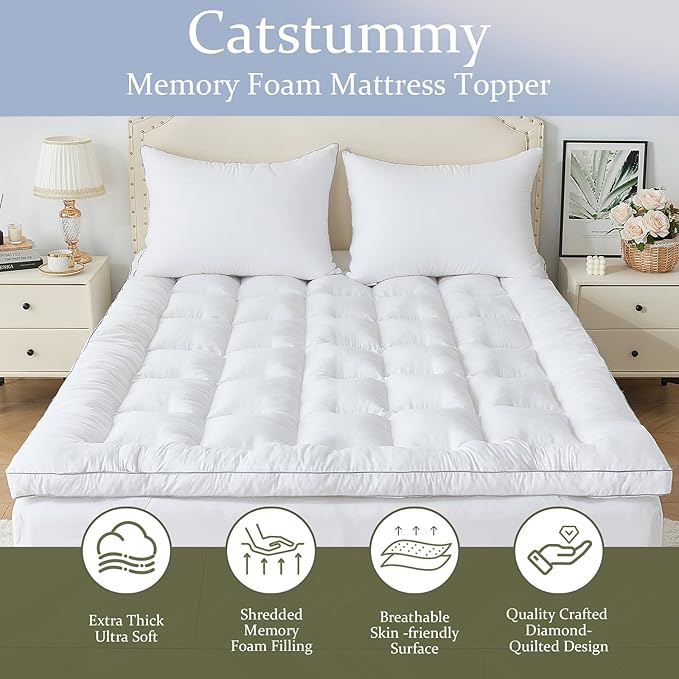 Aodeng 2 Inch Memory Foam Mattress Topper Queen for Back Pain, Extra Soft Pillow Top Mattress Topper, Fluffy Shredded Memory Foam Filled