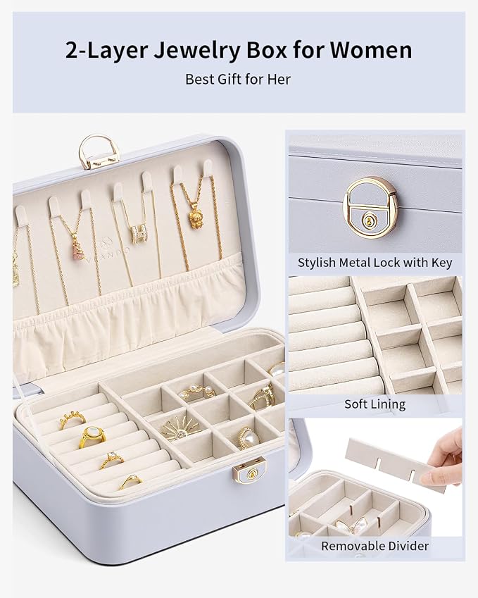 VLANDO Jewelry Box Organizer for Girl,Faux Leather Lockable Jewelry Holder Organzier Case Boxes with 2 Layers,Earrings Necklace,Rings Storage,Wedding Warm Gifts Purple - Image 3