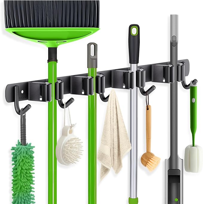ZONGOOL 4 Racks and 5 Hooks Broom Holder Wall Mount Mop Hanger Wall Mount Metal Organization Tool Organizer Wall Hanging for Home Kitchen Garden Laundry Garage (Black) by ZONGOOLHouseware