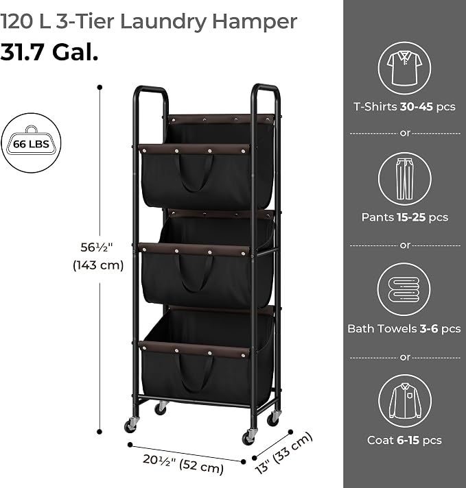 GRANNY SAYS 3 Tier Laundry Sorter, Laundry Basket with Wheels, Laundry Room Organization and Storage, 3 Section Rolling Laundry Cart for Dorm, Bathroom, Bedroom, Closet, Black - Image 6