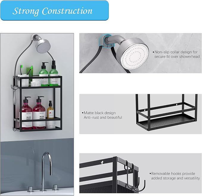 Meangood Shower Caddy, 10.4" x 4.5" x 22.04" Hanging Shower Caddy Organizer Over Shower Head Big Capacity for Shampoo, Conditioner with Hooks for Razor/Sponge, Matte Black - Image 6