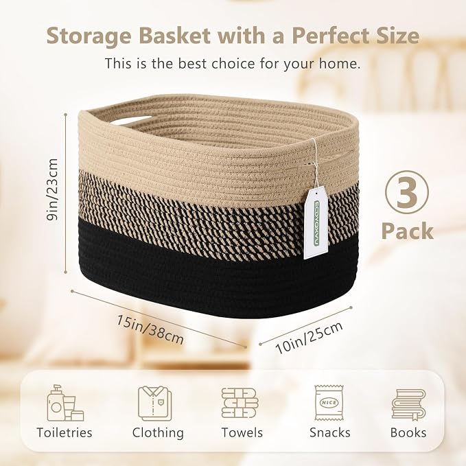 ECDYQXVU Cotton Rope Storage Basket, 15x10x9 Inches, Woven Basket for Shelves, Clothes, Towels, Books, and Laundry, Gradient Black/Brown (3 Pack) - Image 3