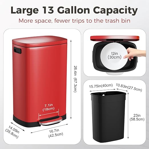 ELPHECO LPHECO Kitchen Trash Can with Lid Soft Close, 13 Gallon / 50L Stainless Steel Pedal Garbage Can, Heavy-Duty Step Wastebasket with 20 Bags, Removable Bucket, Home Office, Kitchen, Scarlet Red - Image 4