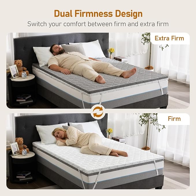 Extra Firm Mattress Topper Twin-XL: 4 Inch Dual Firmness Firm & Extra Firm Mattress Pad, High Density Support for Back Pain, Washable Anti-Slip Cooling Cover, CertiPUR-US Oeko-TEX Certified, 80x38