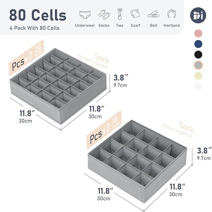 Joyoldelf Sock Drawer Organizer Divider 4 Packs Underwear Organizer, 2 x 24 Cell + 2 x 16 Cell Closet Organizers and Storage Sock Holders for Storing Socks, Handkerchiefs, Ties, Belts (Grey) - Image 2